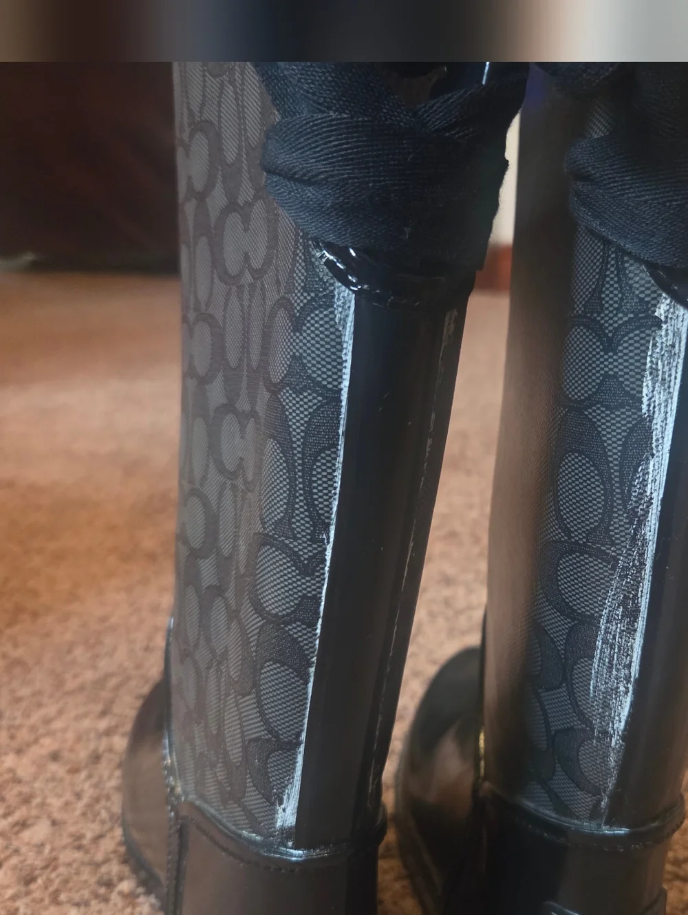 Coach Black Signature Logo Rain Boots with Lace-Up Detail